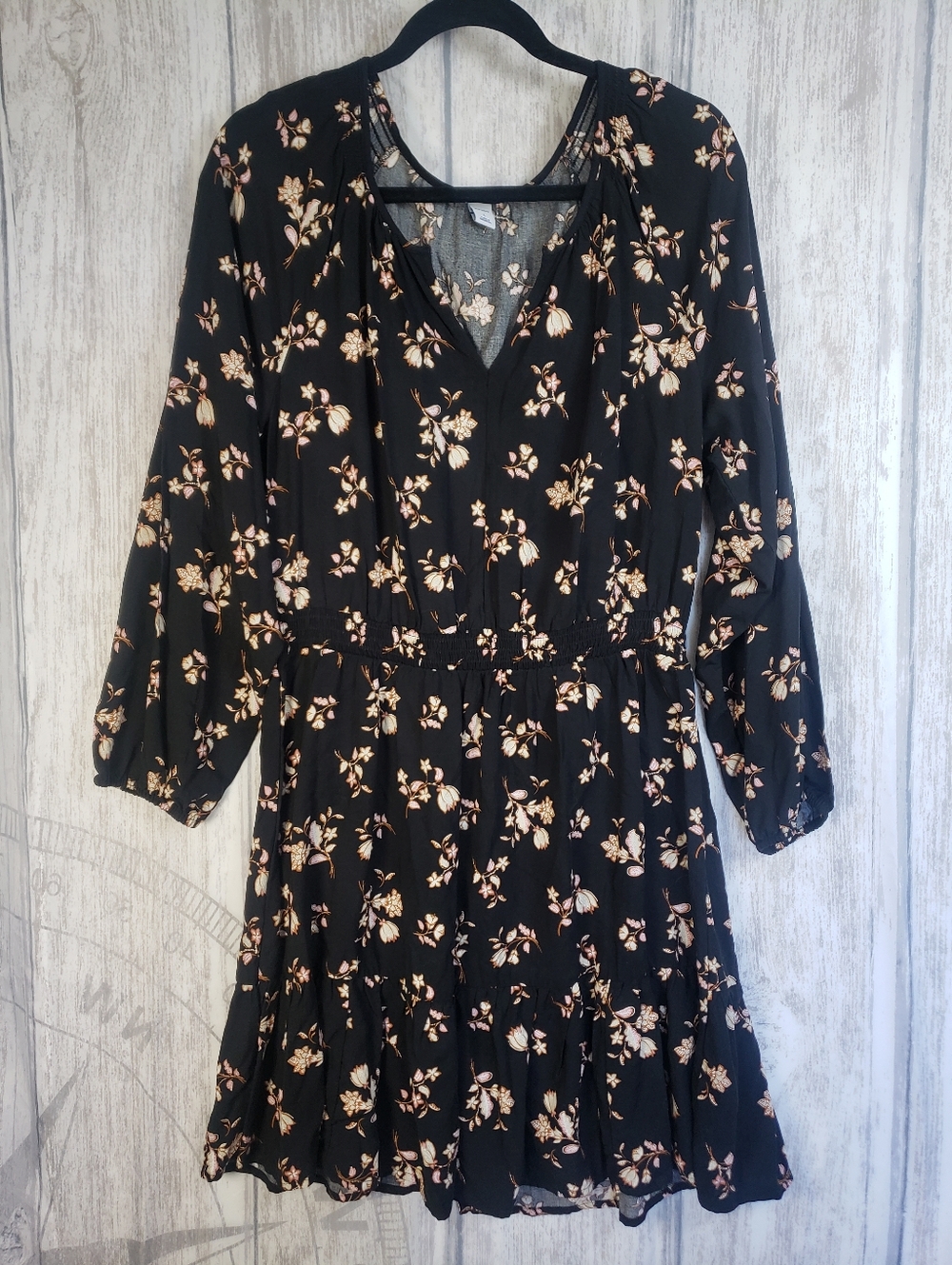 This Old Navy peasant dress Tiered skirt floral On Black Whimsigoth Boho Large - Picture 2 of 11